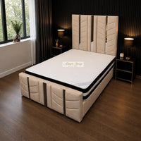 Naples Beige - Chevronne Luxury Chevron Panel Bed – Designer Upholstered Bed Frame with Metallic Inlay Detailing