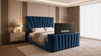 Plush Velvet Sapphire - Solaris Luxury Sunburst TV Bed – Designer Upholstered Bed Frame with Integrated TV Footboard