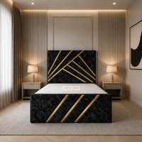 Crushed Velvet Black - Monaco Luxury Geometric Bed – Designer Upholstered Bed Frame with Metallic Inlay Detailing
