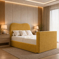 Plush Velvet Mustard Gold - Serene Luxury Curved TV Bed – Designer Upholstered Bed Frame with Integrated TV Footboard