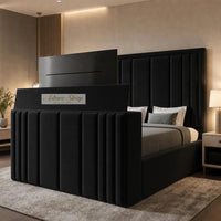 Plush Velvet Black - Belgravia Luxury TV Bed – Statement Panel Upholstered Bed Frame with TV Footboard