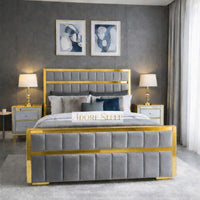 Plush Velvet Silver - Aurelius Linear Upholstered Designer Bed | Luxury Gold Frame Statement Bed