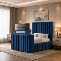 Plush Velvet Sapphire - Mayfair Luxury Channelled TV Bed – Premium Upholstered Bed Frame with Integrated TV Footboard