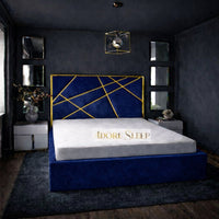 Plush Velvet Sapphire - Knightsbridge Regal Mosaic Luxury Panel Bed Frame with Gold Strip – Upholstered