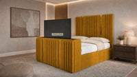 Plush Velvet Mustard Gold - Kensington Luxury Fluted TV Bed with Metallic Accents – Premium Upholstered TV Bed Frame