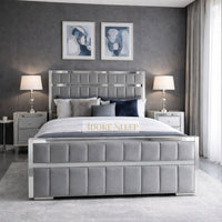 Plush Velvet Steel - Aurelius Linear Upholstered Designer Bed | Luxury Gold Frame Statement Bed