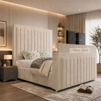 Naples Cream - Savoy Luxury Piped Panel TV Bed – Designer Upholstered Bed Frame with Integrated TV Footboard