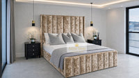 Crushed Velvet Gold - Aurelia Grandeur Luxury Upholstered Panel Bed – Tall Vertical Channel Headboard & Deep Padded Frame
