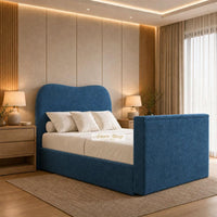 Naples Blue - Serene Luxury Curved TV Bed – Designer Upholstered Bed Frame with Integrated TV Footboard