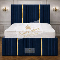 Plush Velvet Sapphire - Celestine Luxe Vertical Panelled Gold Strip Upholstered Bed Frame | Luxury Statement Bed