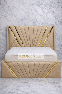Plush Velvet Beige - Bat Luxury Panel Bed Frame with Gold Strip – Upholstered