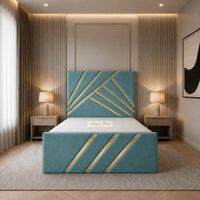 Plush Velvet Duck Egg - Monaco Luxury Geometric Bed – Designer Upholstered Bed Frame with Metallic Inlay Detailing