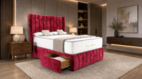 Crushed Velvet Red - Valentina Vertical Luxe Divan Bed – Channelled Statement Headboard & Storage
