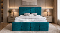 Plush Velvet Teal - Valentina Luxury Chevron Panel Bed – Designer Upholstered Bed Frame with Statement Headboard & Footboard