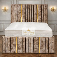 Crushed Velvet Mink - Celestine Luxe Vertical Panelled Gold Strip Upholstered Bed Frame | Luxury Statement Bed