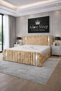 Crushed Velvet Gold - Spencer Luxury Curved Fluted Bed Frame with Gold Strip – Upholstered