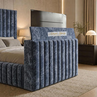 Crushed Velvet Denim Blue - Mayfair Luxury Channelled TV Bed – Premium Upholstered Bed Frame with Integrated TV Footboard