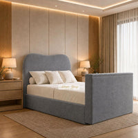 Naples Slate Grey - Serene Luxury Curved TV Bed – Designer Upholstered Bed Frame with Integrated TV Footboard