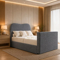 Naples Charcoal - Serene Luxury Curved TV Bed – Designer Upholstered Bed Frame with Integrated TV Footboard