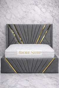 Plush Velvet Grey - Bat Luxury Panel Bed Frame with Gold Strip – Upholstered