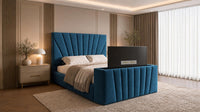 Naples Blue - Solaris Luxury Sunburst TV Bed – Designer Upholstered Bed Frame with Integrated TV Footboard