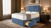 Crushed Velvet Denim Blue - Aurelia Luxury Sunburst Divan Bed – Designer Upholstered Bed Frame