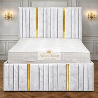 Crushed Velvet White - Celestine Luxe Vertical Panelled Gold Strip Upholstered Bed Frame | Luxury Statement Bed