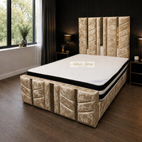 Crushed Velvet Gold - Chevronne Luxury Chevron Panel Bed – Designer Upholstered Bed Frame with Metallic Inlay Detailing