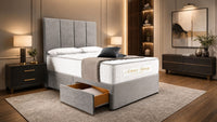 Plush Velvet Silver - Kensington Grande Luxury Divan Bed – Premium Upholstered Bed Frame with Tall Vertical Panel Headboard