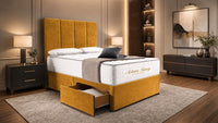 Plush Velvet Mustard Gold - Kensington Grande Luxury Divan Bed – Premium Upholstered Bed Frame with Tall Vertical Panel Headboard