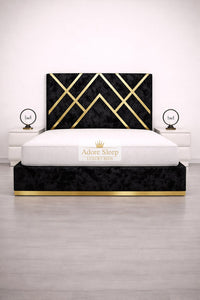 Crushed Velvet Black - Regalia Noir Luxury Upholstered Bed – Geometric Designer Headboard with Metallic Accent Detailing