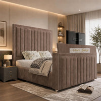 Naples Mink - Savoy Luxury Piped Panel TV Bed – Designer Upholstered Bed Frame with Integrated TV Footboard