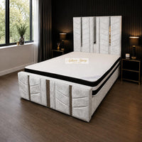 Crushed Velvet White - Chevronne Luxury Chevron Panel Bed – Designer Upholstered Bed Frame with Metallic Inlay Detailing