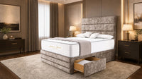 Crushed Velvet Mink - Monaco Luxe Luxury Divan Bed – Premium Upholstered Panelled Headboard with Storage