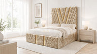 Crushed Velvet Gold - Monaco V-Line Luxury Geometric Ottoman Storage Bed