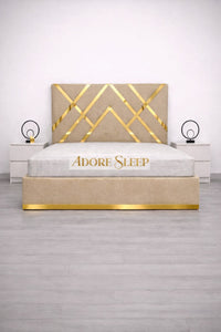 Naples Beige - Regalia Noir Luxury Upholstered Bed – Geometric Designer Headboard with Metallic Accent Detailing