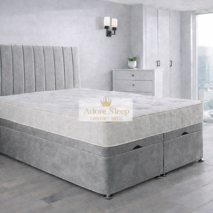 Plush Velvet Silver - Regency Lined Panel Luxury Solid Ottoman Storage Bed Frame