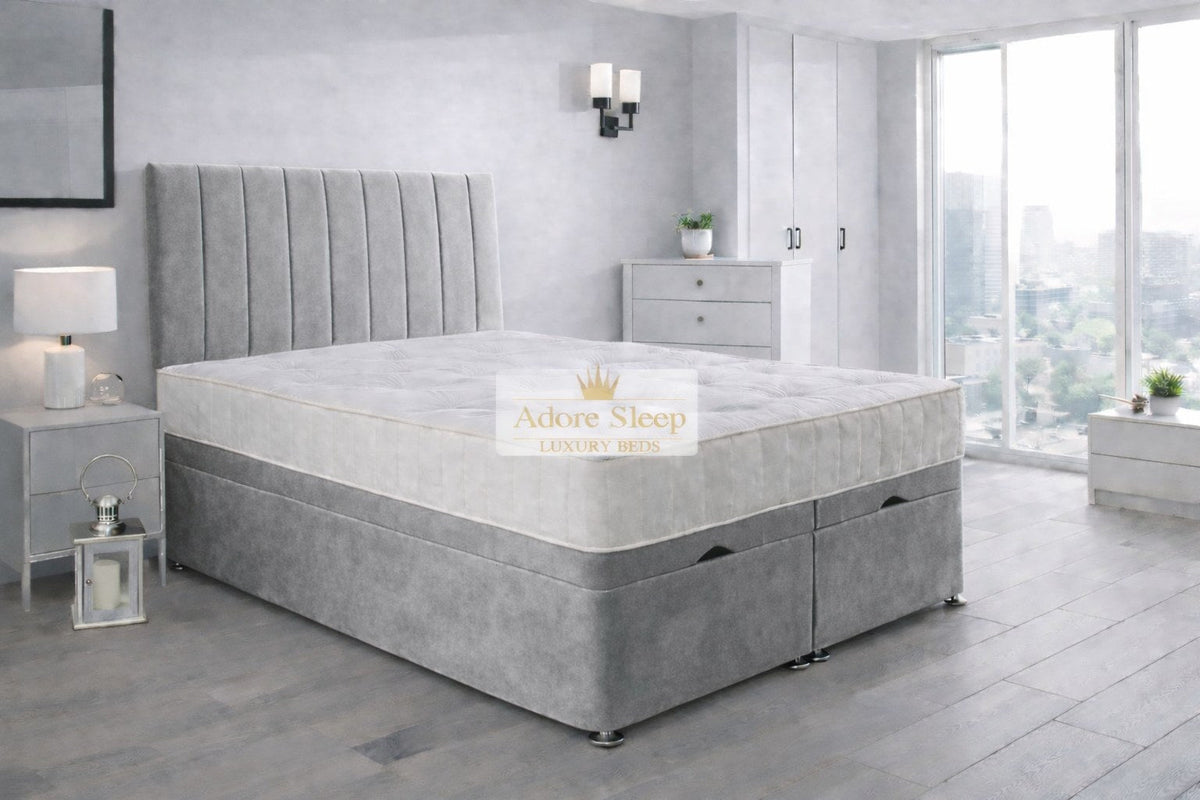 Plush Velvet Silver - Regency Lined Panel Luxury Solid Ottoman Storage Bed Frame