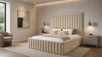 Plush Velvet Beige - Savoy Luxury Panel Bed – Premium Upholstered Bed Frame with Grand Framed Headboard