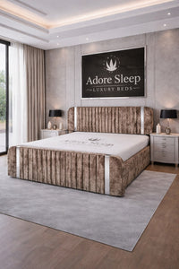 Crushed Velvet Mink - Spencer Luxury Curved Fluted Bed Frame with Gold Strip – Upholstered