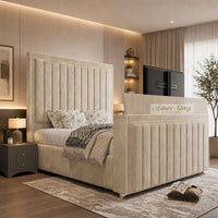 Plush Velvet Beige - Savoy Luxury Piped Panel TV Bed – Designer Upholstered Bed Frame with Integrated TV Footboard