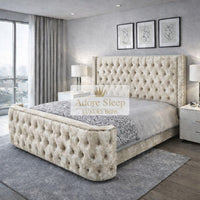 Crushed Velvet Cream - Celestine Grandeur Luxury Upholstered Bed – Deep Button Tufted Headboard & Curved Statement Footboard
