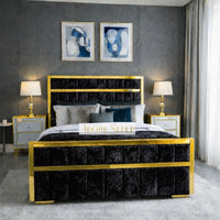 Crushed Velvet Black - Aurelius Linear Upholstered Designer Bed | Luxury Gold Frame Statement Bed