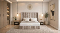 Crushed Velvet Mink - Chelsea Luxury Channel Panel Bed – Premium Upholstered Bed Frame with Statement Headboard
