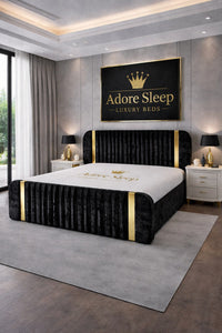 Crushed Velvet Black - Spencer Luxury Curved Fluted Bed Frame with Gold Strip – Upholstered