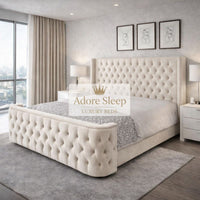 Naples Cream - Celestine Grandeur Luxury Upholstered Bed – Deep Button Tufted Headboard & Curved Statement Footboard