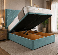 Plush Velvet Duck Egg - Meridian Abstract Geometry Ottoman Divan Bed | Luxury Hydraulic Storage Bed Frame