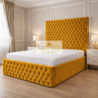 Plush Velvet Mustard Gold - Sovereign Élan Luxury Upholstered Bed – Deep Button-Tufted Headboard & Padded Statement Frame