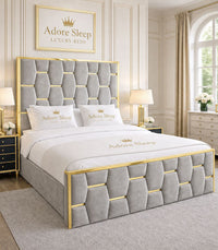 Plush Velvet Silver - Sovereign Geometric Upholstered Designer Bed | Luxury Gold Trim Bed Frame