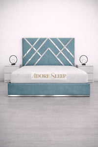 Plush Velvet Duck Egg - Regal Diamond Luxury Panel Bed Frame with Silver Strip – Upholstered